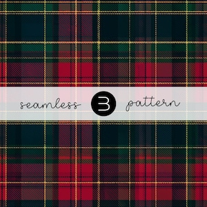 Peut inclure: Motif de tartan sans couture en rouge, vert et or. Le motif présente des lignes entrecroisées formant une grille. Le texte "seamless 3 pattern" est affiché sur une bannière blanche.