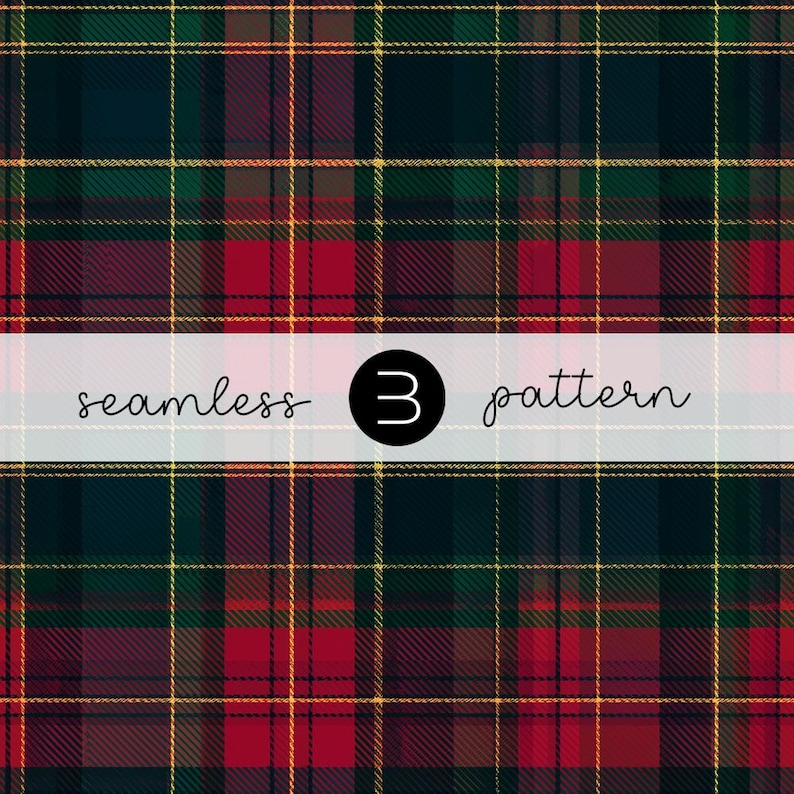 May include: Seamless plaid pattern in red, green, and gold. The design features a classic tartan with intersecting lines forming a grid. The text "seamless 3 pattern" is displayed on a white banner across the image.
