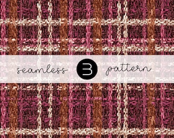 Op de afbeelding: Een naadloos patroon met een geweven textuur in tinten bordeaux, roze en bruin, met witte en crèmekleurige accenten. Het ontwerp heeft een ruitvormig raster. De tekst "seamless 3 pattern" is over de afbeelding gelegd.
