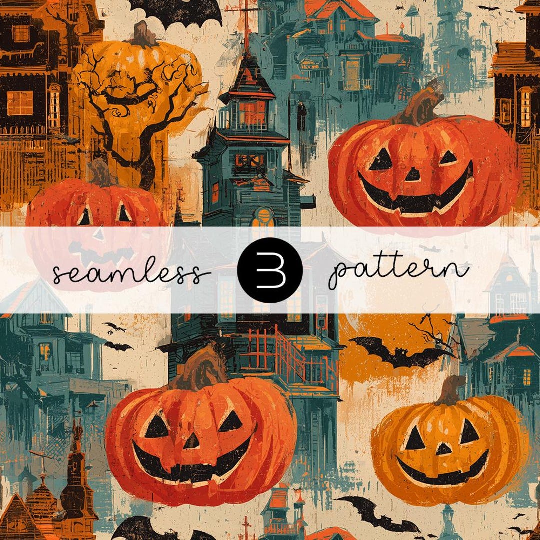 Vintage Halloween Pattern: Haunted House, Pumpkins, Bats (JPG Digital