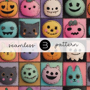 Peut inclure: Un motif sans couture présentant divers personnages sur le thème d'Halloween, notamment des citrouilles, des chats et des crânes, cousus sur des carrés colorés. Le motif comprend le texte "seamless 3 pattern". L'esthétique générale est fantaisiste et festive.
