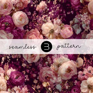 May include: A seamless floral pattern featuring a variety of flowers in shades of pink, cream, and deep purple. The design includes roses, peonies, and other blossoms, with the text "seamless 3 pattern" overlaid on a white banner.