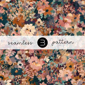 Puede incluir: Un patrón sin costuras que presenta un diseño floral denso y pictórico con pinceladas en tonos naranja quemado, rosa empolvado, crema y verde azulado oscuro. Una banda blanca horizontal muestra el texto seamless 3 pattern.