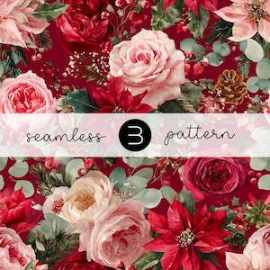 May include: A seamless pattern featuring watercolor roses, poinsettias, and greenery in shades of red, pink, and green on a deep red background. The text "seamless 3 pattern" is overlaid on the design.