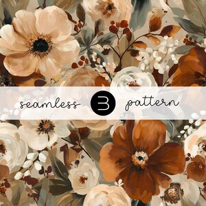 May include: A seamless pattern featuring a floral design with large beige, cream, and deep rust-colored flowers, dark green leaves, and small white berries. A horizontal white band across the center displays the text seamless 3 pattern.