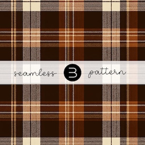 May include: A seamless plaid pattern featuring intersecting horizontal and vertical lines in shades of dark brown, medium brown, and cream. A horizontal white banner across the center displays the text seamless 3 pattern in black.