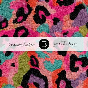 May include: Seamless pattern with a vibrant leopard print design. The pattern features a textured surface with a mix of bright colors, including pink, teal, orange, and black. The text "seamless 3 pattern" is displayed on a white banner.
