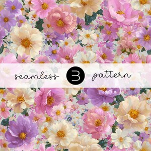 Könnte beinhalten: Nahtloses Blumenmuster mit rosa, lila und cremefarbenen Blumen. Das Design umfasst große und kleine Blüten, mit dem Text "seamless 3 pattern" über dem Bild.