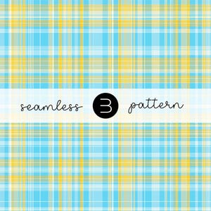 Può includere: Un motivo a quadri senza cuciture nei toni del celeste, giallo e bianco. Il testo "seamless 3 pattern" è visualizzato su uno striscione bianco.