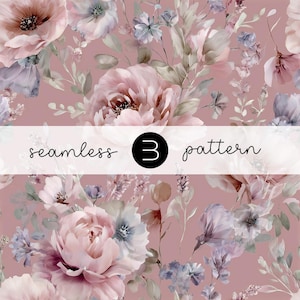 May include: A seamless floral pattern with large, soft pink peonies and other flowers in shades of pink, lavender, and cream, set against a dusty rose background. The text "seamless 3 pattern" is overlaid on the image.