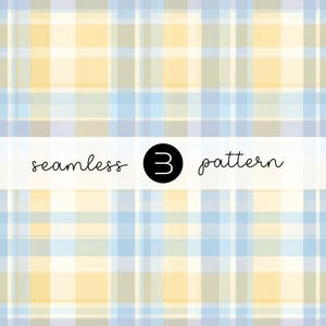 Puede incluir: Un patrón de cuadros sin costuras en tonos amarillos, azules y grises. El diseño presenta líneas que se cruzan formando un patrón similar a una cuadrícula. El texto "seamless 3 pattern" se muestra en una pancarta blanca.