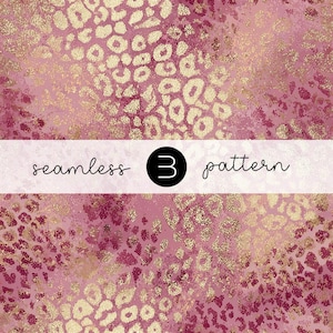 May include: A seamless pattern with a pink and gold leopard print design. The pattern features a pink background with gold spots and accents. The text "seamless 3 pattern" is displayed in a white banner.