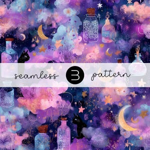 May include: Seamless pattern with a whimsical design featuring jars, cats, moons, and stars in shades of purple, pink, and blue. The text "seamless 3 pattern" is displayed across the image.