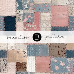 Op de afbeelding: Een naadloos patroonontwerp met een patchwork-effect, bestaande uit vierkanten in diverse kleuren en texturen. De vierkanten zijn in tinten roze, blauw, beige en bruin, met zichtbare stiksels. De tekst "seamless 3 pattern" wordt weergegeven.