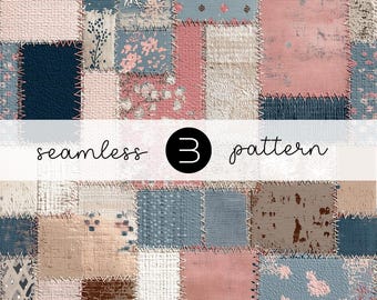 May include: A seamless pattern design featuring a patchwork of squares in various colors and textures. The squares are in shades of pink, blue, beige, and brown, with visible stitching. The text "seamless 3 pattern" is displayed.