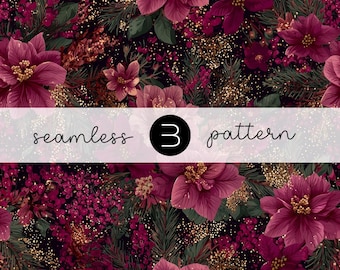 May include: A seamless pattern featuring burgundy poinsettias, small red berries, and green pine needles on a dark background. Gold glitter accents add sparkle. The text "seamless 3 pattern" is displayed in a white banner.