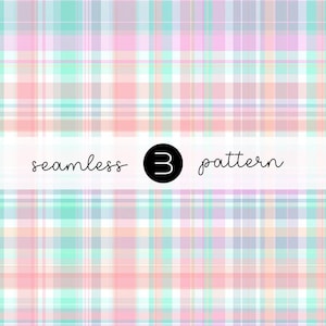 Può includere: Un motivo a quadri senza cuciture nei toni pastello di rosa, blu, verde e grigio. Il design è composto da linee che si intersecano. Il testo "seamless 3 pattern" è visualizzato su uno striscione bianco.