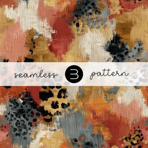 Pode incluir: Padrão abstrato sem costura com pinceladas em tons de ouro, laranja, vermelho, cinza e preto. O design inclui detalhes de estampa de leopardo e o texto "seamless 3 pattern" em uma faixa branca.
