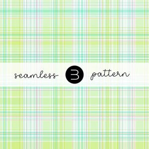 Puede incluir: Un patrón sin costuras con diseño de cuadros en tonos verdes, blancos y celeste. El patrón presenta líneas finas que se cruzan, creando un efecto de cuadrícula. El texto "seamless 3 pattern" se muestra en una pancarta blanca.