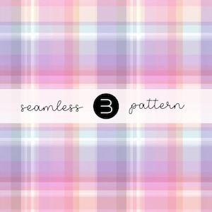 May include: A seamless pattern design with a plaid-like appearance. The pattern features a blend of pastel colours, including pink, purple, and light blue, arranged in a grid-like structure. The text "seamless 3 pattern" is displayed across the image.