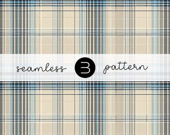 May include: Seamless pattern with a plaid design in beige, light blue, and black. The pattern features vertical and horizontal lines creating a classic plaid effect. The text "seamless 3 pattern" is displayed in a white banner across the image.