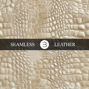 Op de afbeelding: Een naadloze leertextuur in een lichtbeige kleur, die op krokodillenleer lijkt. De afbeelding toont een herhalend patroon van schubben en de tekst "SEAMLESS 3 LEATHER" in een zwarte banner.