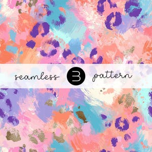 Könnte beinhalten: Ein lebendiges, nahtloses Muster im malerischen Stil. Das Design zeigt Pinselstriche in Rosa, Orange, Blau und Lila, mit Goldfolienakzenten und Leopardenmusterformen. Der Text "seamless 3 pattern" ist über dem Bild zu sehen.