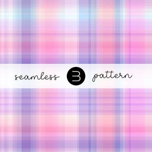 May include: A seamless pattern in shades of pink, purple, and blue, arranged in a plaid design. The image includes the text "seamless 3 pattern" in a white banner.