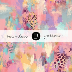 Peut inclure: Motif sans couture abstrait avec des coups de pinceau roses, violets, turquoise et dorés. Le motif comprend un imprimé léopard. Le texte "seamless 3 pattern" est affiché sur une bannière blanche.