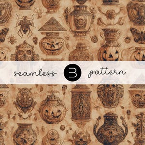 May include: Seamless pattern with a vintage, sepia-toned design featuring ornate vases, jack-o'-lanterns, insects, and skulls. The text "seamless 3 pattern" is displayed in a white banner across the image. The overall theme is Halloween and gothic.