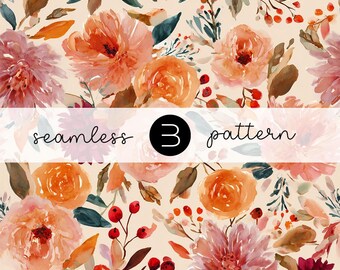 Rustic Autumn Floral Pattern: Seamless Watercolor Design (JPG Digital Download 12x12 inches 300 DPI)