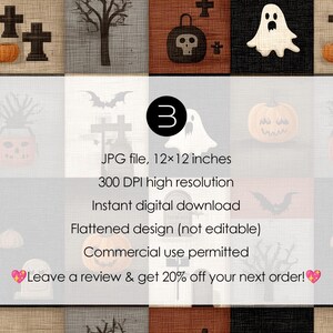 May include: A digital Halloween-themed design with a grid of squares, each with a spooky illustration. Includes pumpkins, ghosts, bats, crosses, and a skull-shaped lantern. The text reads "JPG file, 12x12 inches, 300 DPI high resolution, Instant digital download."