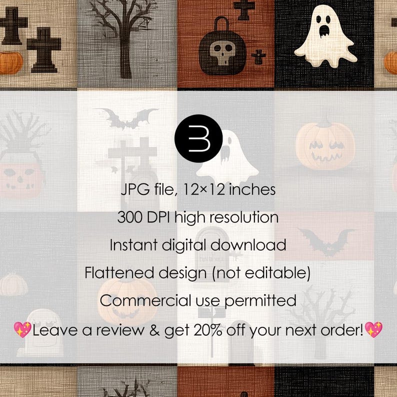 May include: A digital Halloween-themed design with a grid of squares, each with a spooky illustration. Includes pumpkins, ghosts, bats, crosses, and a skull-shaped lantern. The text reads "JPG file, 12x12 inches, 300 DPI high resolution, Instant digital download."