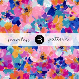 May include: A vibrant, seamless floral pattern in shades of pink, blue, orange, and purple. The design features large, abstract flower shapes with brushstroke textures. The text "seamless 3 pattern" is displayed across the image.