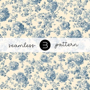 May include: Seamless pattern featuring blue floral illustrations on a cream background. The design includes roses and other flowers with the words "seamless 3 pattern" in a white banner.
