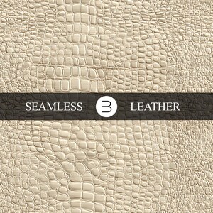 Puede incluir: Patrón de cuero texturizado sin costuras en color beige claro. El patrón tiene una apariencia de reptil con un diseño de escamas repetitivo. Una pancarta marrón oscuro en la imagen dice "SEAMLESS 3 LEATHER".
