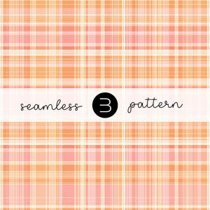 May include: A seamless plaid pattern in peach, orange, and white. The design features a grid of intersecting lines. The text "seamless 3 pattern" is displayed on a white banner across the image.