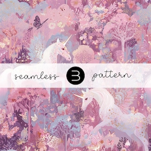 May include: Seamless pattern featuring unicorns, butterflies, and a whimsical forest scene in shades of pink, purple, and white. The text "seamless 3 pattern" is displayed in the image.
