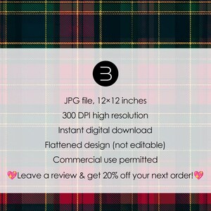 May include: Digital download graphic with a plaid pattern in red, green, and gold. The image includes the number 3 in a black circle, and text that reads "JPG file, 12x12 inches, 300 DPI high resolution, Instant digital download."