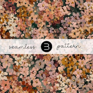 Pode incluir: Um padrão sem costuras com um arranjo denso de flores pintadas em tons de rosa seco, creme, laranja queimado e verde floresta profundo. Uma faixa branca horizontal no centro exibe o texto seamless 3 pattern em preto.