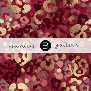 May include: Seamless pattern featuring a leopard print design in shades of burgundy, pink, and gold. The design includes the text "seamless 3 pattern" in a white banner across the image. The pattern is suitable for various applications.