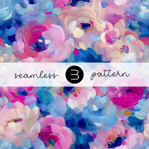 Puede incluir: Patrón floral abstracto y sin costuras, con un estilo pictórico. El diseño utiliza una paleta de rosa, azul y blanco, con pinceladas visibles. El texto "seamless 3 pattern" está incluido.