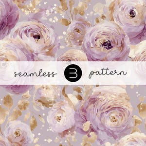 Könnte beinhalten: Ein nahtloses Muster mit Aquarellblumen in Lila, Creme und Gold. Das Design zeigt große, detaillierte Blüten und zartes Laub, mit dem Text "seamless 3 pattern" auf einem weißen Banner.