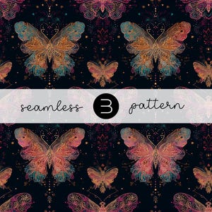 May include: A seamless pattern featuring ornate butterflies in shades of orange, teal, and gold against a dark blue background. The design includes the text "seamless 3 pattern" in white.