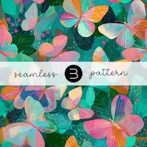May include: A seamless pattern featuring colorful butterflies in shades of pink, orange, and blue against a teal green background. The design includes leaves and the text "seamless 3 pattern".