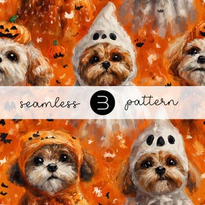 Puede incluir: Patrón sin costuras con adorables perros disfrazados con trajes de Halloween, incluyendo disfraces de fantasma y calabaza, sobre un fondo naranja con murciélagos y hojas. Se muestra el texto "seamless 3 pattern".