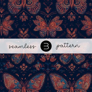 May include: Seamless pattern featuring detailed butterflies in shades of orange, blue, and white against a dark blue background. The design includes the text "seamless 3 pattern" in a white banner.