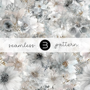 May include: A seamless floral pattern in shades of white, gray, and beige. The design features various flower types with gold accents and the text "seamless 3 pattern" in a banner across the image.