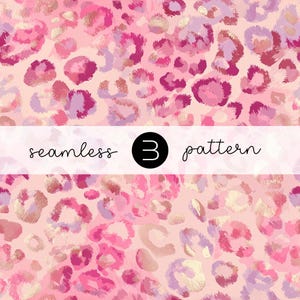 Puede incluir: Patrón sin costuras con un diseño de estampado de leopardo rosa, que incorpora tonos de rosa, morado y dorado. Las palabras "seamless 3 pattern" se muestran en una pancarta blanca.
