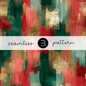 May include: Abstract seamless pattern with vertical brushstrokes in shades of red, green, gold, and teal. The design includes the text "seamless 3 pattern" in a white banner across the image. The overall theme is artistic and decorative.